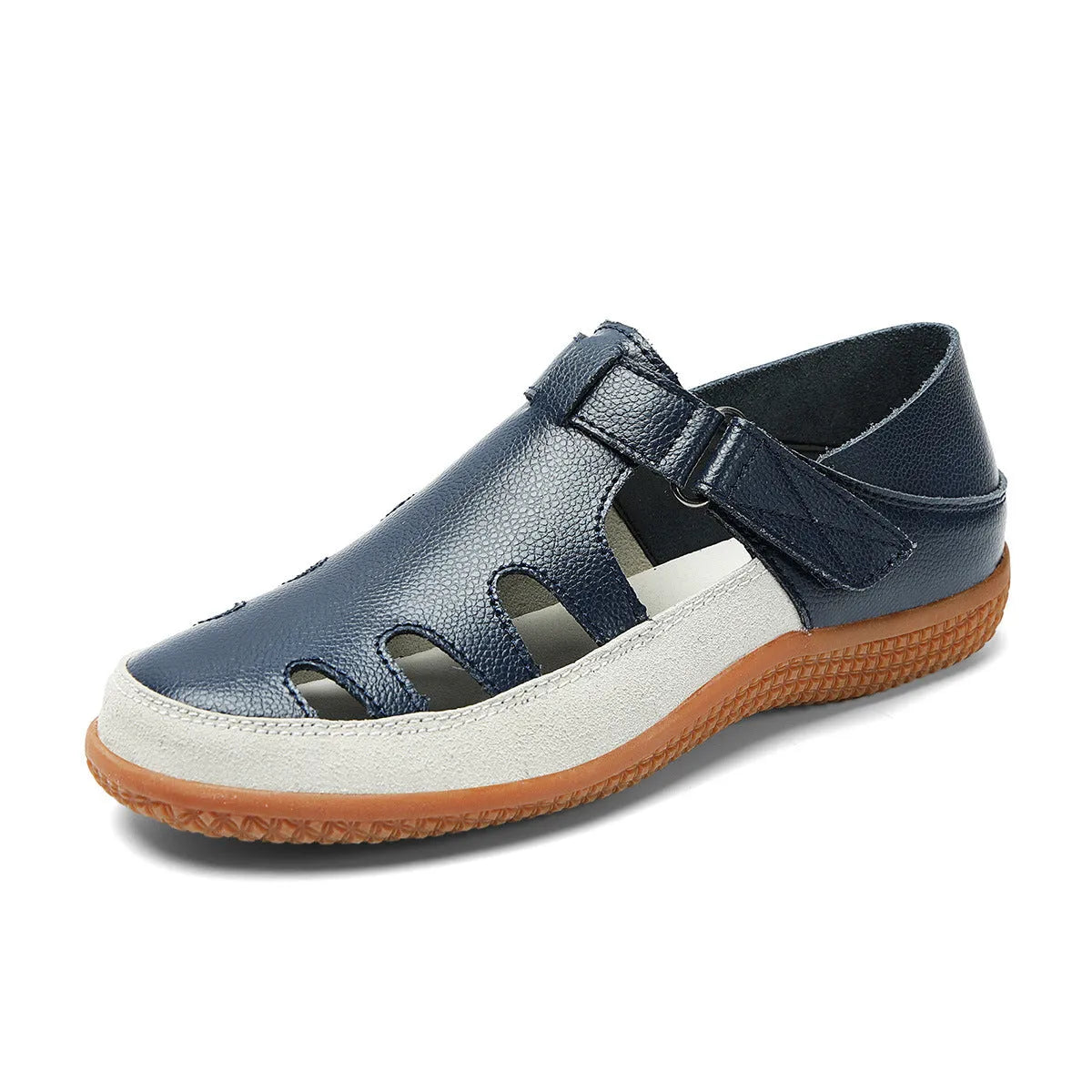 Plus size women's flat heel sandals with hollow toe cap in blue colour showing rubber sole