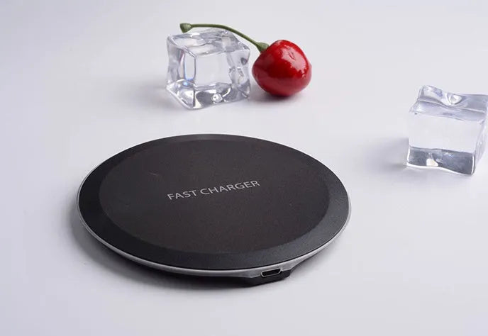 Ultra-thin wireless charger pad in black with LED indicator light and USB cable