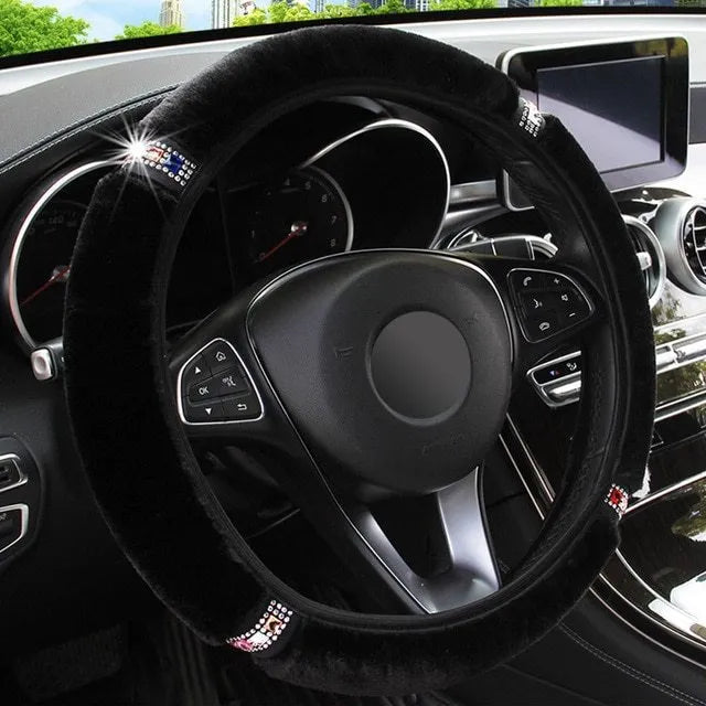 Short hair diamond plush elastic steering wheel cover in black on a car steering wheel