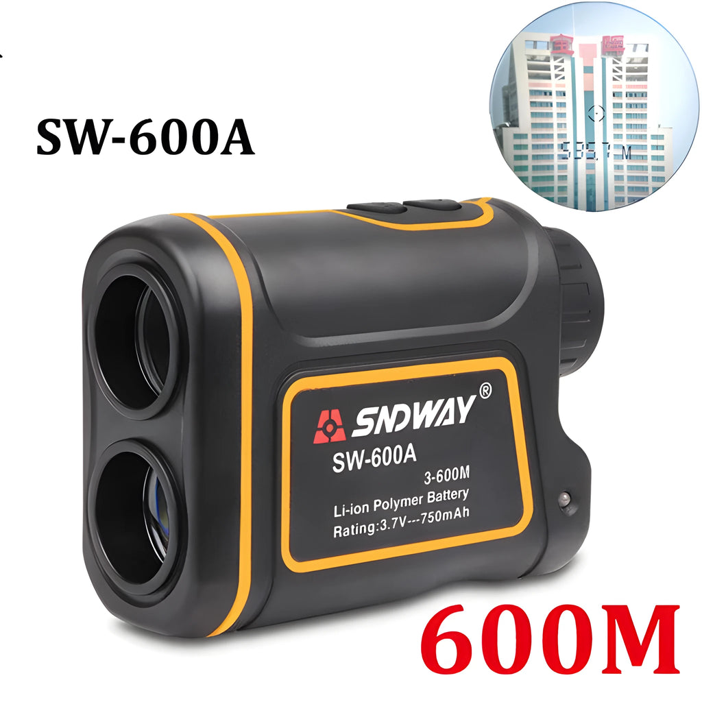 Handheld golf laser rangefinder device showing compact design for distance measurement.