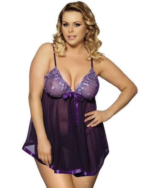 Purple seamless lingerie sleepdress with mesh panels and lace detailing on mannequin