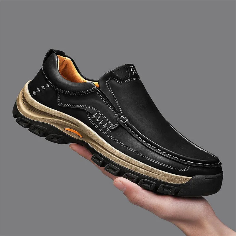 Men's black leather outdoor shoes with thick rubber soles and round toe