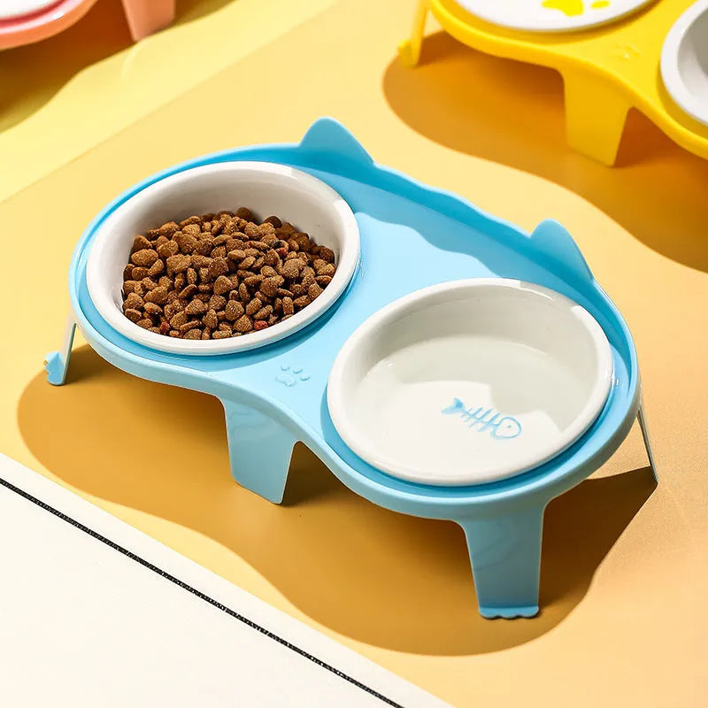 Ceramic cat bowl set with elevated tilted design on ABS stand, blue colour option