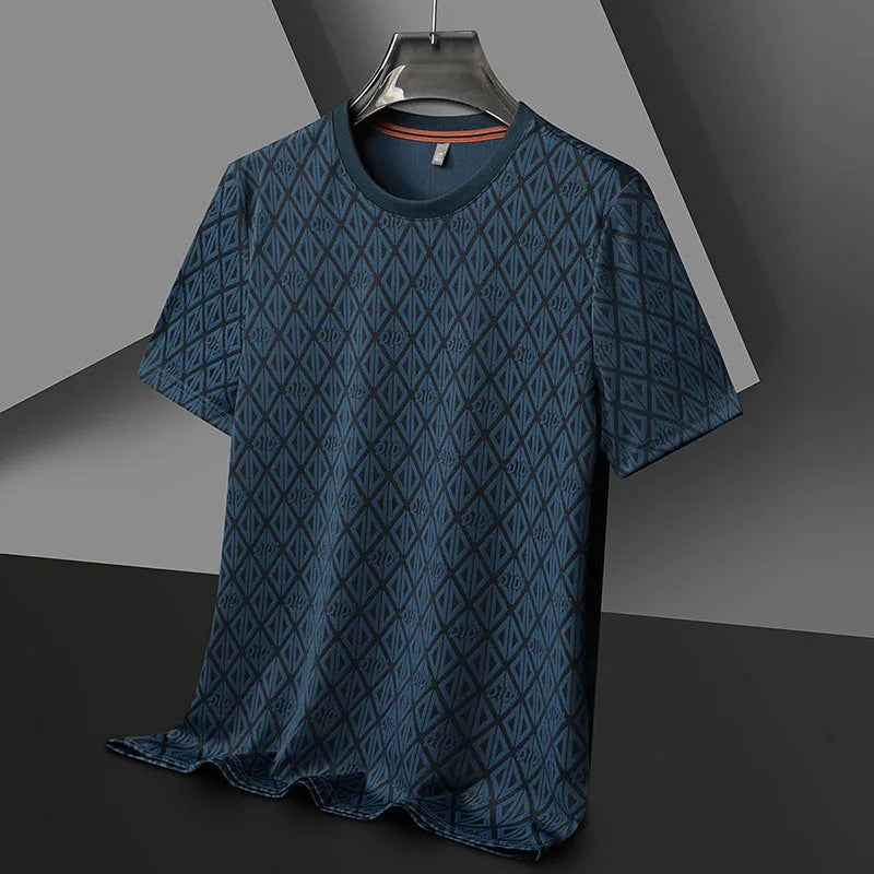 Men's loose fit round neck short sleeve T-shirt in ice silk fabric, shown in solid colour options.