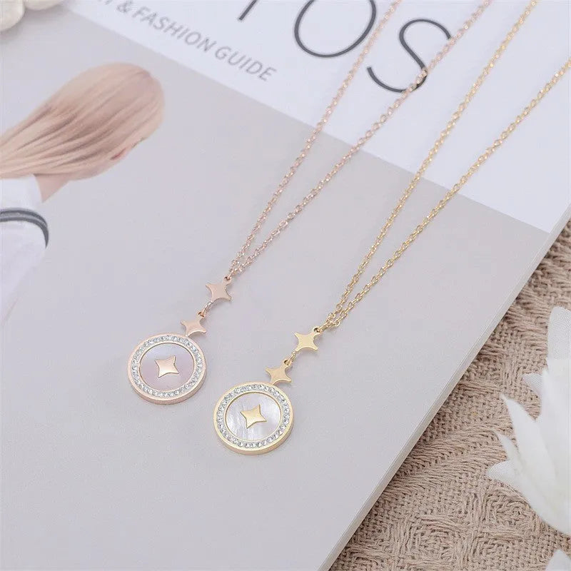 Women's titanium steel necklace with geometric six-pointed star pendant on O-ring chain