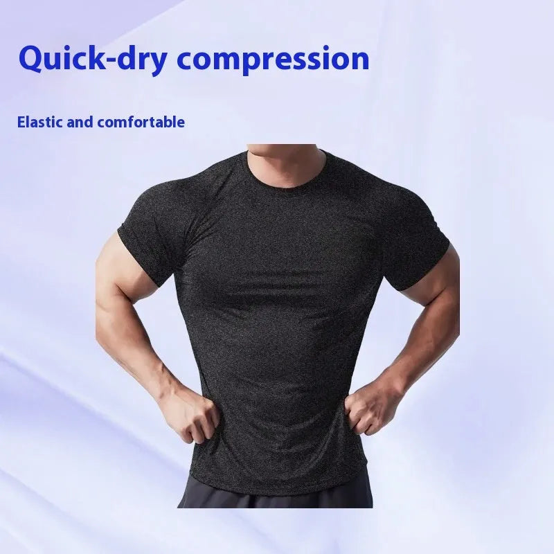 Men's black quick-dry polyester casual short sleeve t-shirt on a hanger.