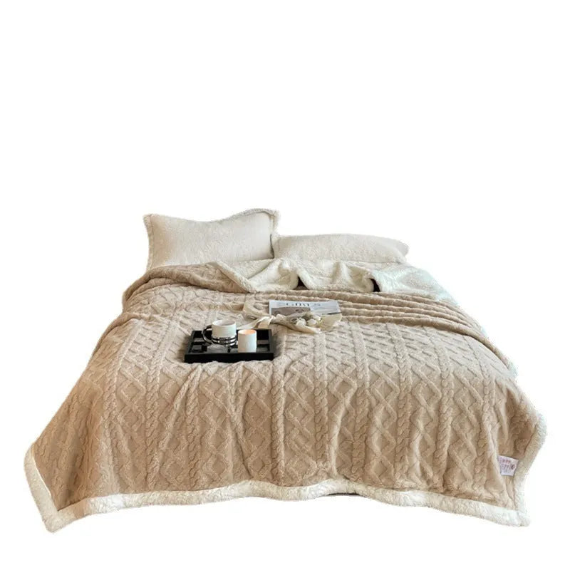 Polyester thermal flannel winter blanket in beige colour, laid flat showing its 180x200cm size and textured fabric.
