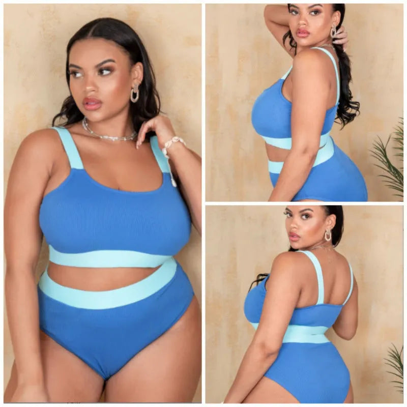 Women's high waist bikini swimsuit with split sides and stitching detail in a solid colour.