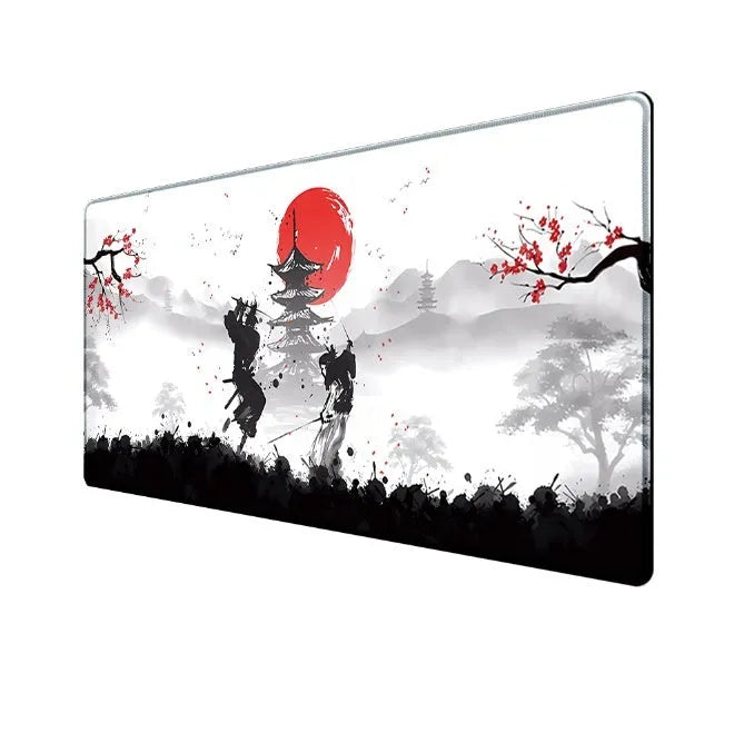Japanese samurai design cloth gaming mouse pad on a desk, showing non-slip base and thermal transfer print detail.