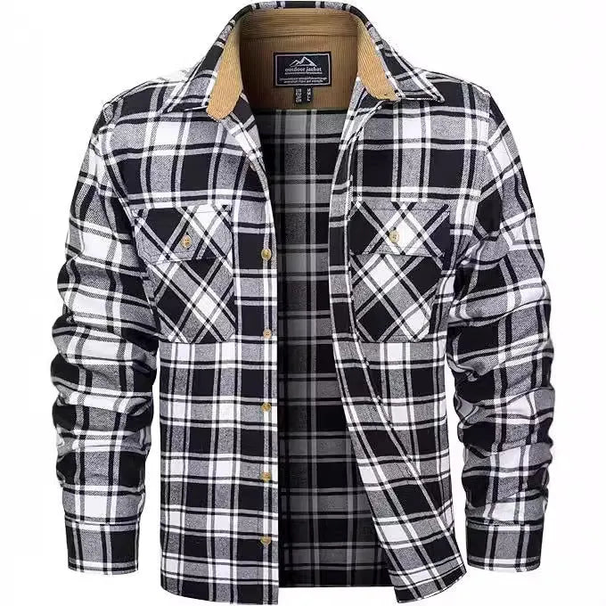 Men's plaid flannel casual button shirt in orange colour on a hanger.