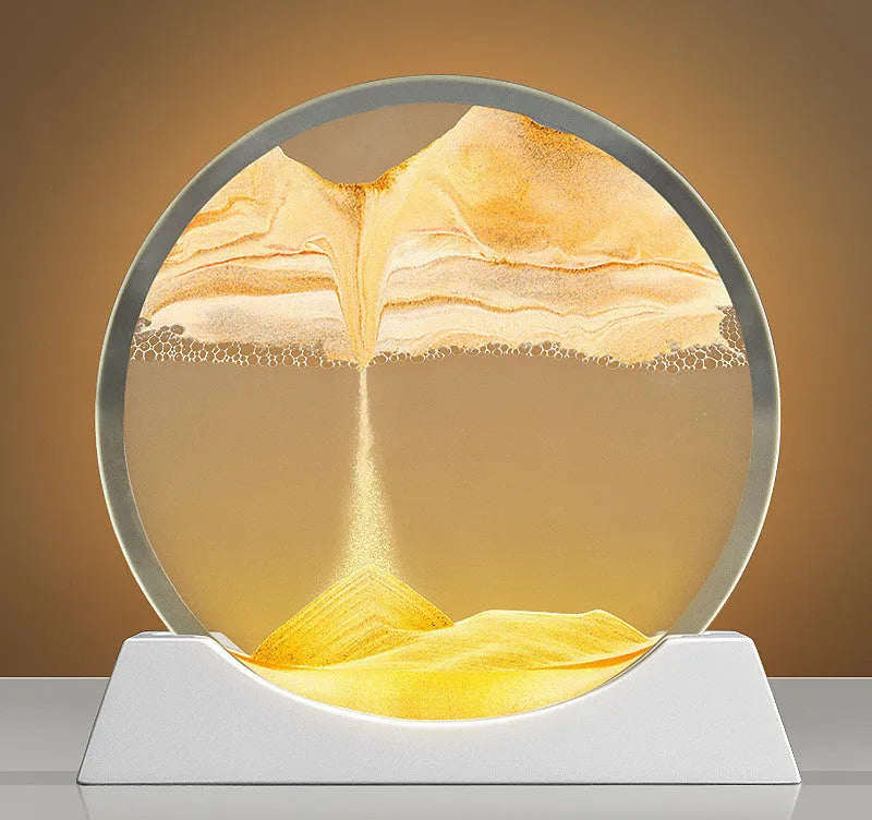 Rotating quicksand painting inside a modern 12-inch glass night lamp on a desktop