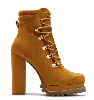 Women's suede high heel ankle boots with waterproof platform in yellow, black, wine red, and army green colours