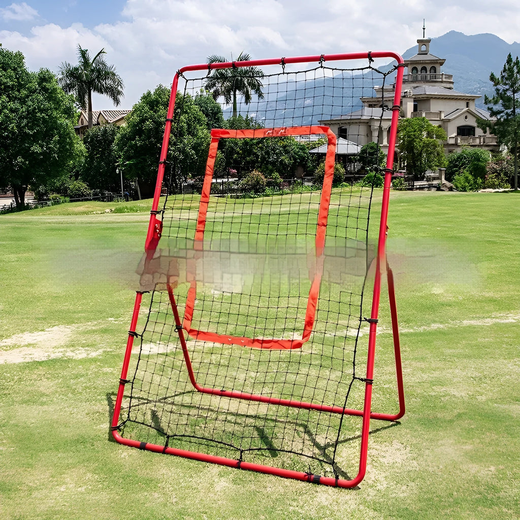 Red portable baseball training net with adjustable height metal frame