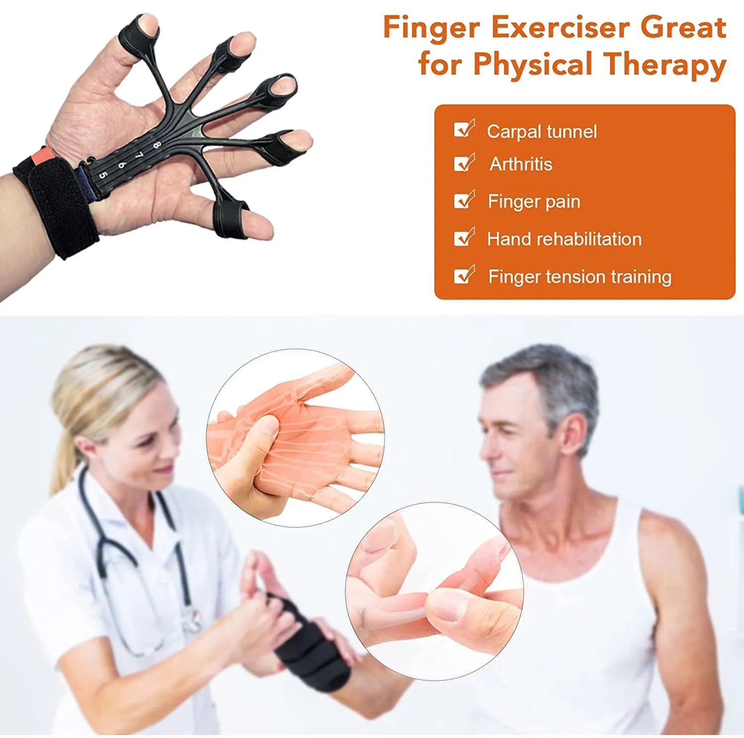 Black silicone finger rehabilitation trainer with adjustable tension belt for hand exercises