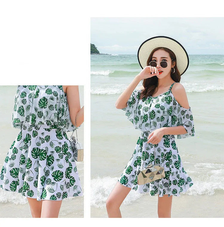 Women's one-piece solid colour polyester swimsuit in Green Leaf style