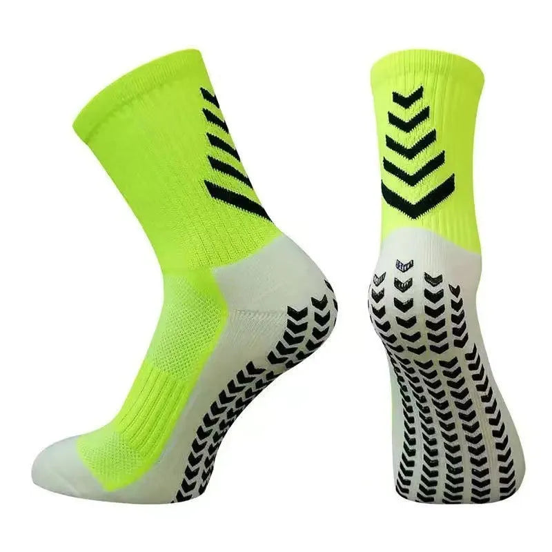 Men's mid-calf athletic socks with geometric patterns and non-slip silicone grips