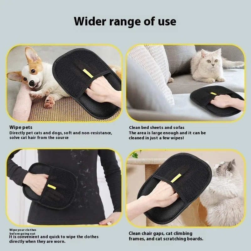 Black pet hair removal glove with silicone bristles, shown on a hand grooming a dog.