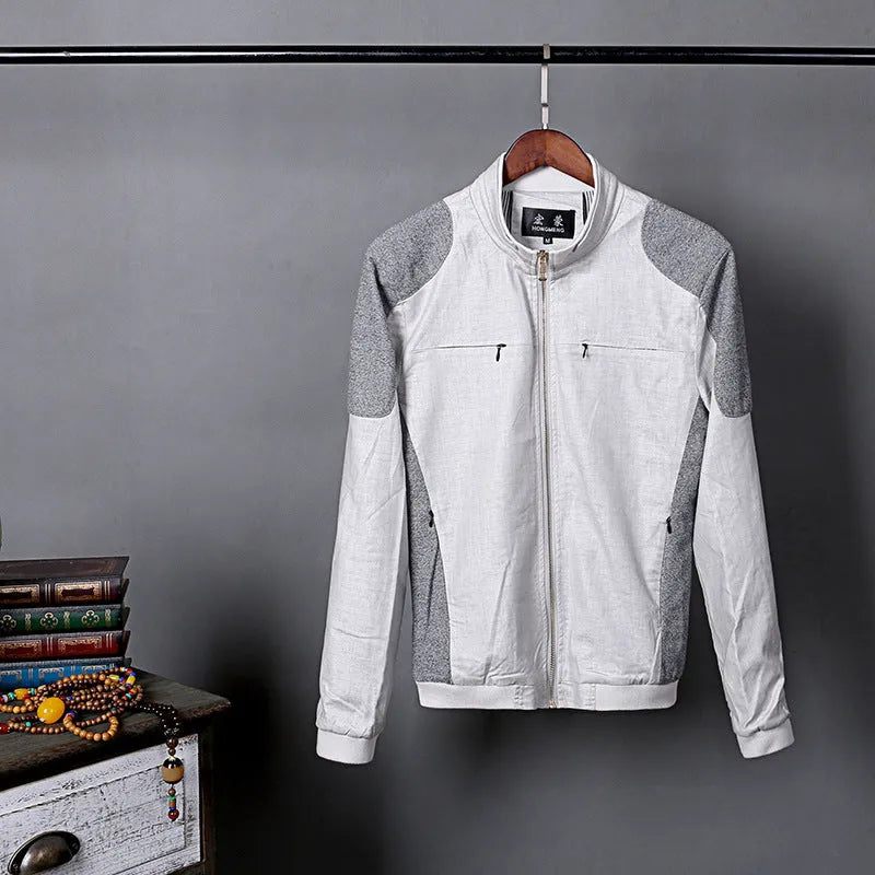 Men's thin heather grey cotton linen jacket shown on a model, regular fit for casual leisure wear.