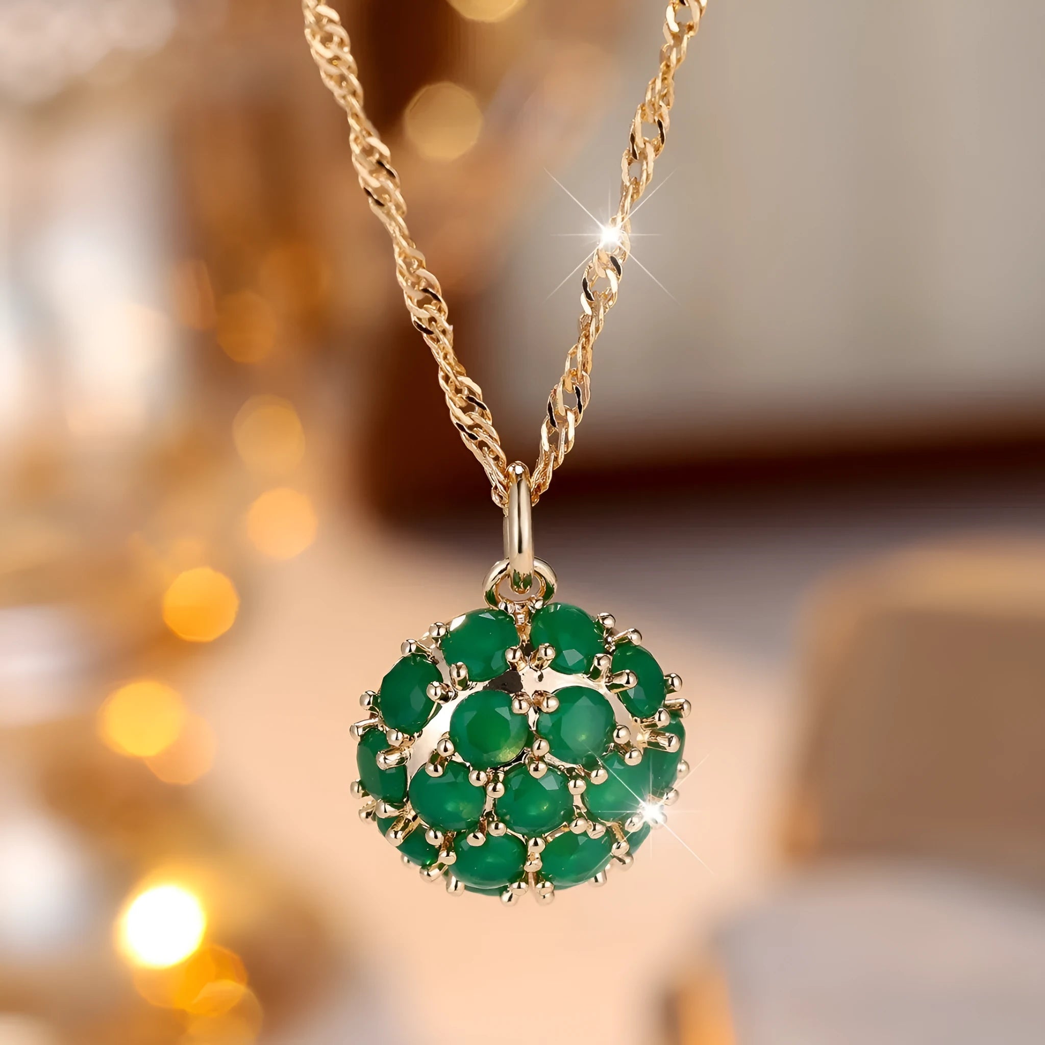 Round emerald diamond necklace with champagne gold electroplated finish on geometric pendant and chain