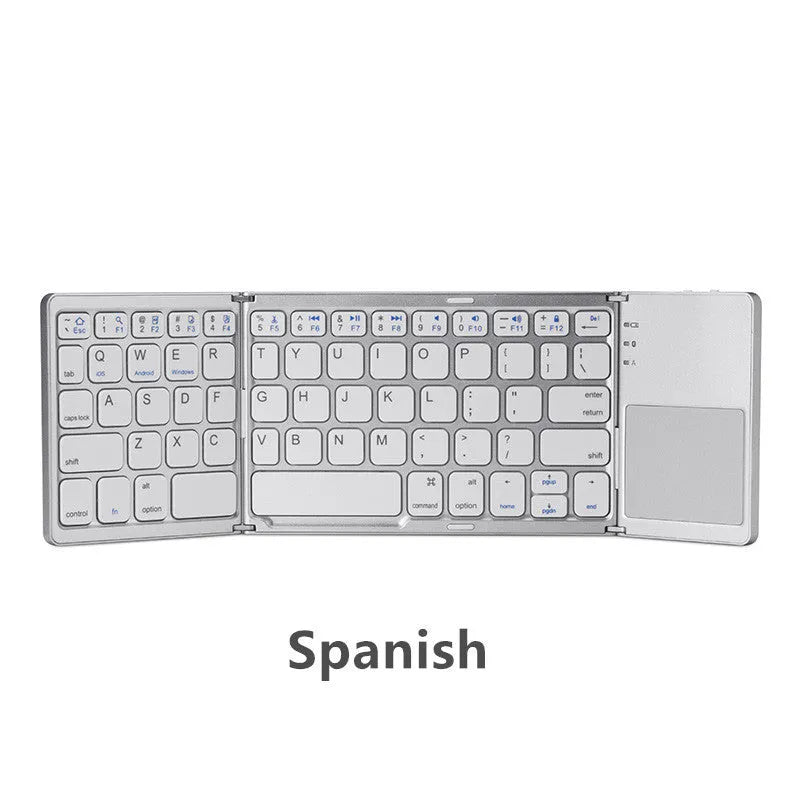 Ultra-thin tri-fold folding touch Bluetooth keyboard shown folded and unfolded with touchpad