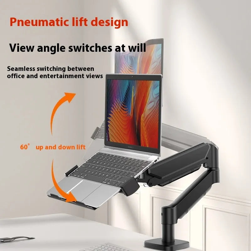 Aluminium alloy laptop support with suspended cooling and mechanical arm base on a desk