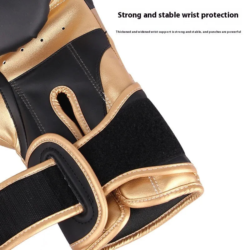 PU leather boxing gloves in black gold colour for sanda fight training, vertical style, 10oz weight