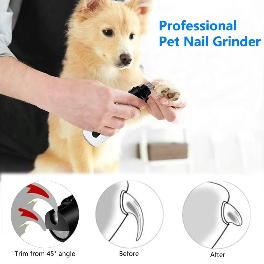 Automatic electric dog nail trimmer with LCD screen, LED lights, and dust collection chamber.