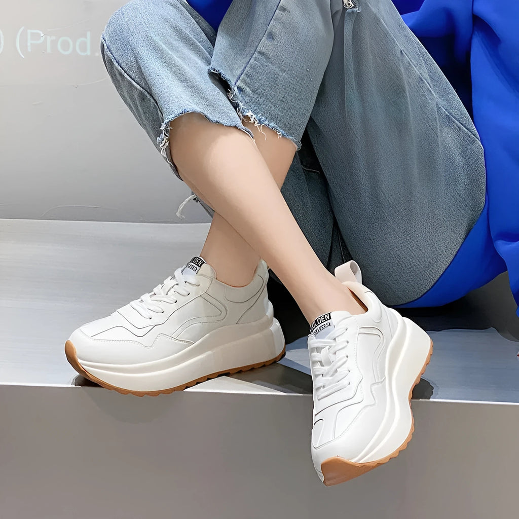Women's beige cattlehide leather casual sports shoes with mesh lining and English muffin heel