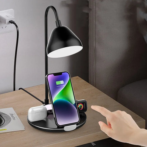Black and white magnetic folding wireless charger extended to 320 mm height with phone and tablet charging