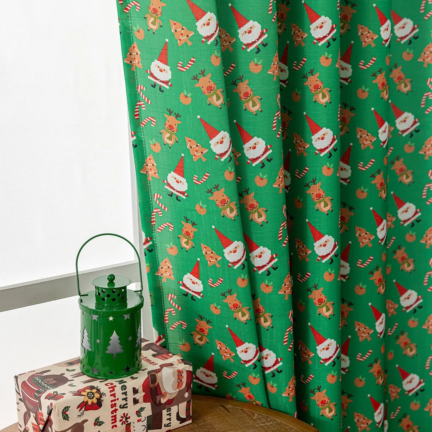 Christmas Snowman Angel print curtain in red with cartoon figures, 1 metre wide