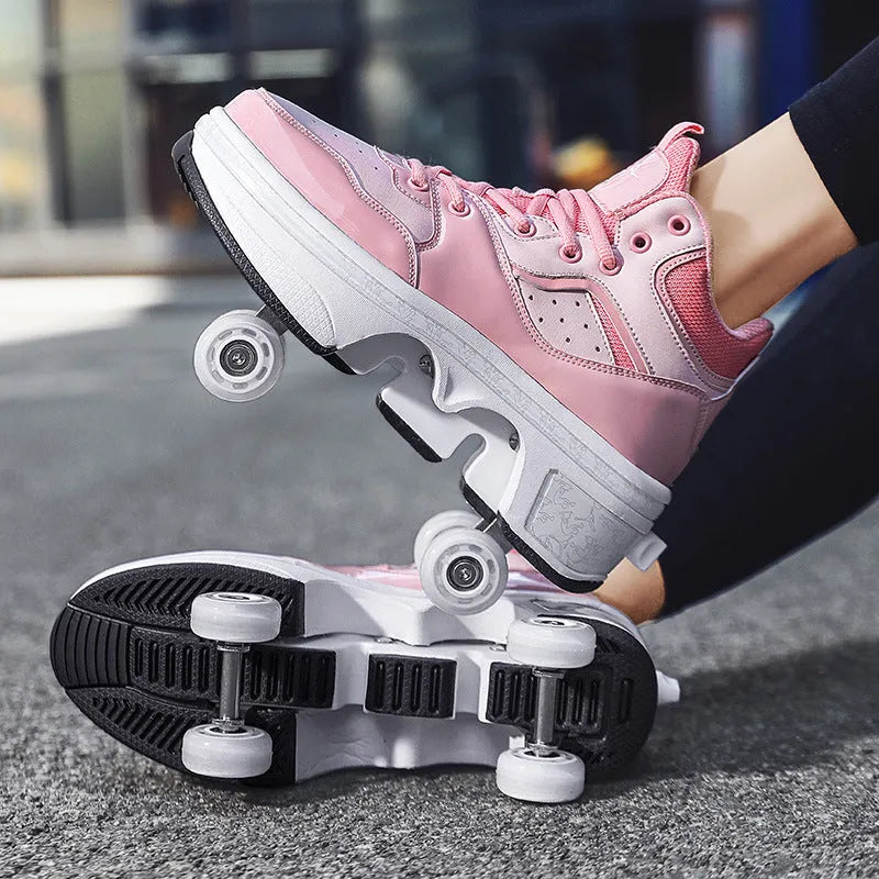 Women's minimalist retractable roller skates with PU wheels in DF06 black colour showing retracted mode