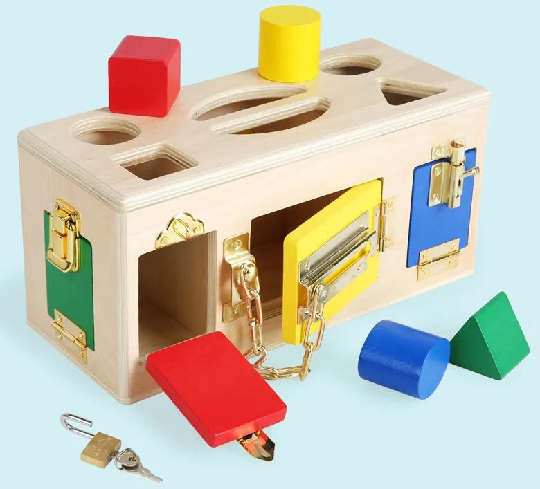 Wooden educational shape lock box toy with 12 wooden shapes for preschool children.
