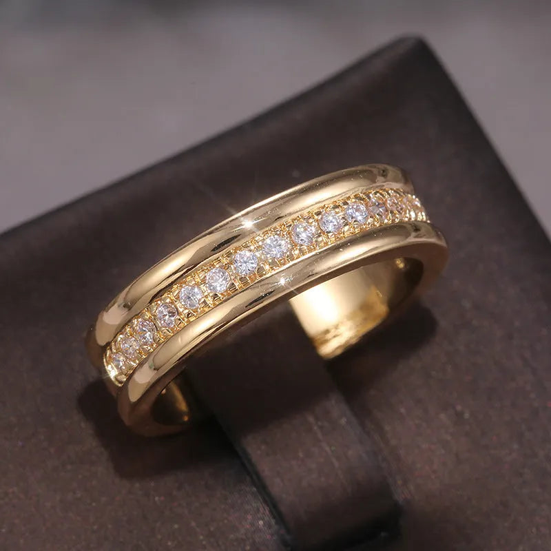 Copper ring with gold plating and inlaid zircon stones geometric design gold colour