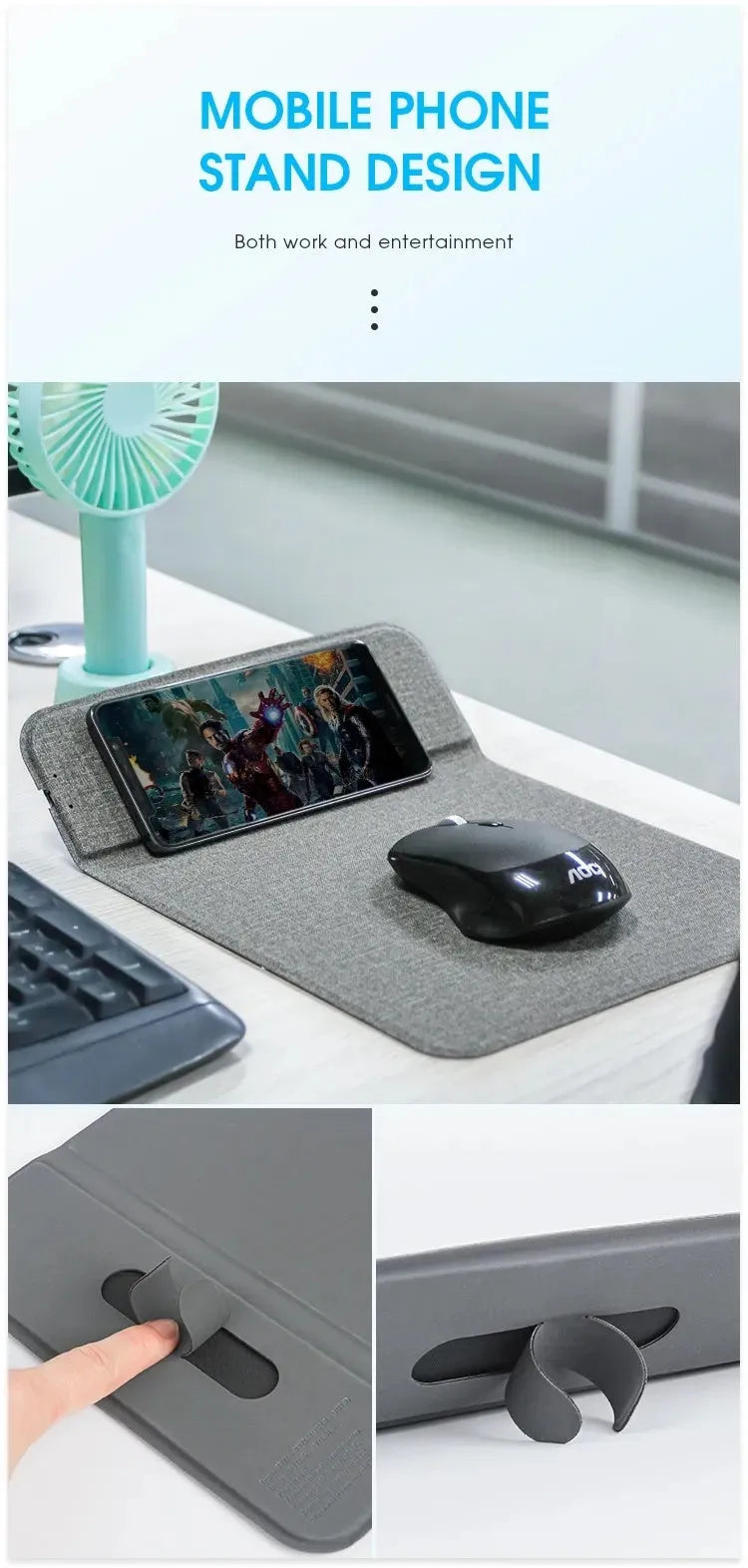Foldable fabric phone holder with integrated 10W wireless charging pad shown open and closed.