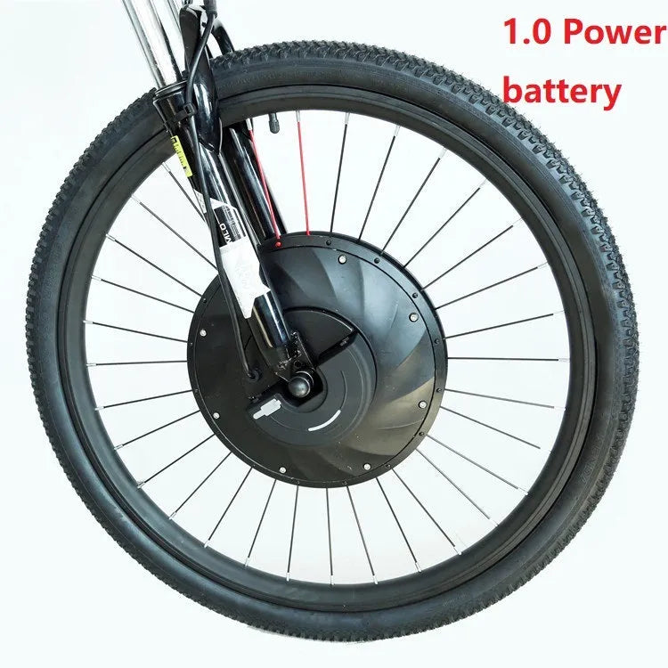26-inch bicycle electric conversion kit showing hub motor wheel, lithium battery, and charger