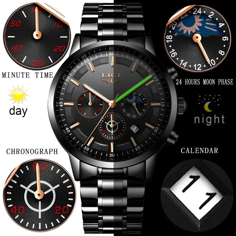 Men's waterproof quartz sports watch showing 12mm thickness and available colour combinations