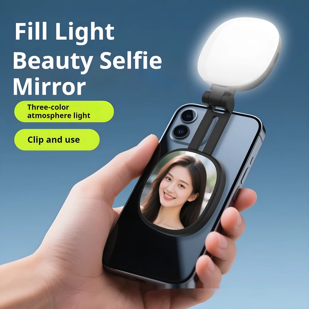 Black and white mobile phone magnetic selfie fill light with adjustable makeup mirror and three-colour temperature settings