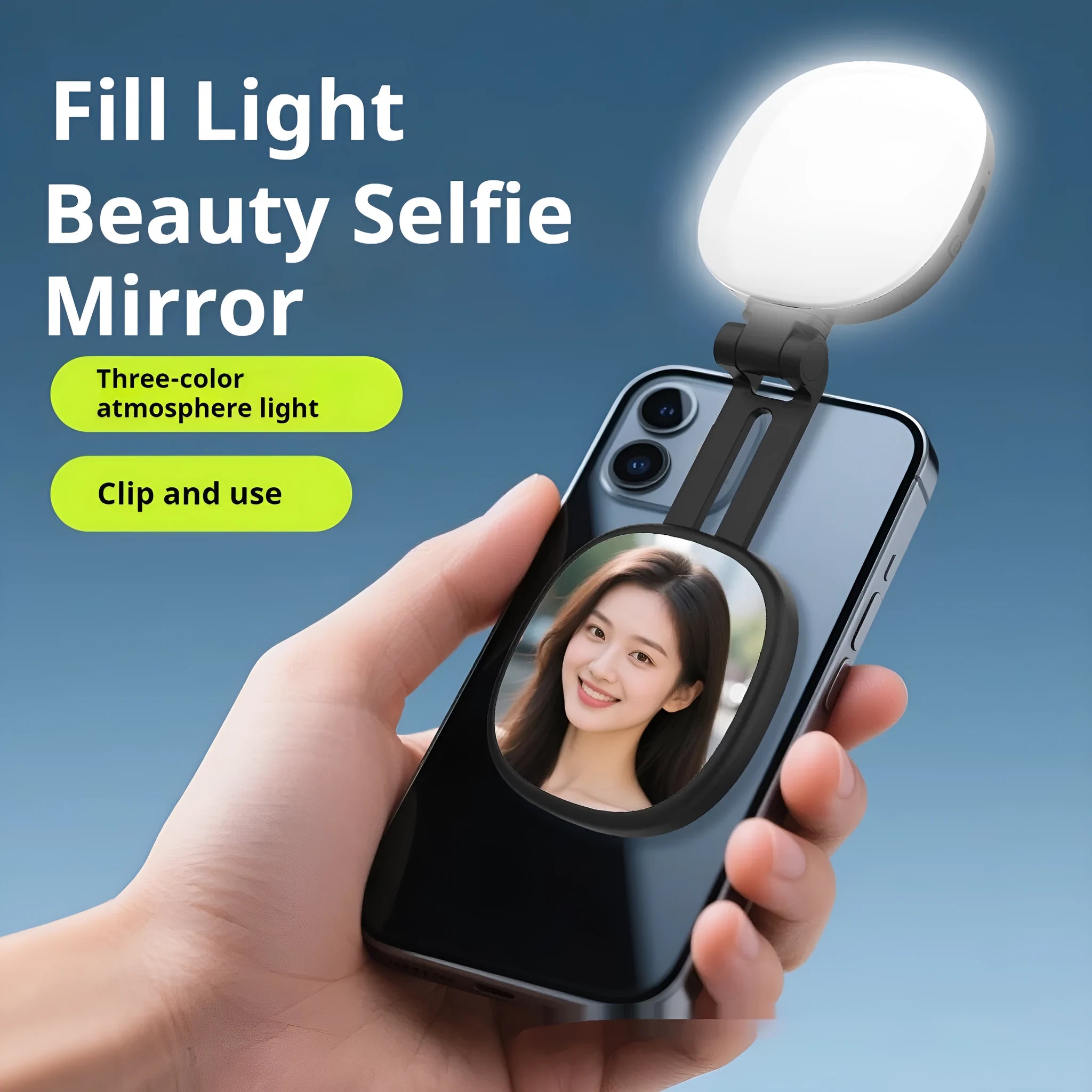 Black and white mobile phone magnetic selfie fill light with adjustable makeup mirror and three-colour temperature settings