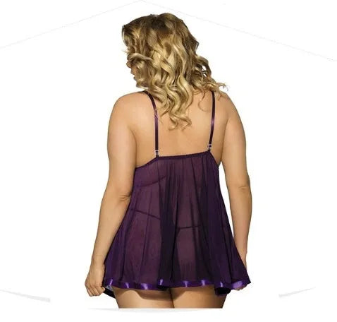 Purple seamless lingerie sleepdress with mesh panels and lace detailing on mannequin
