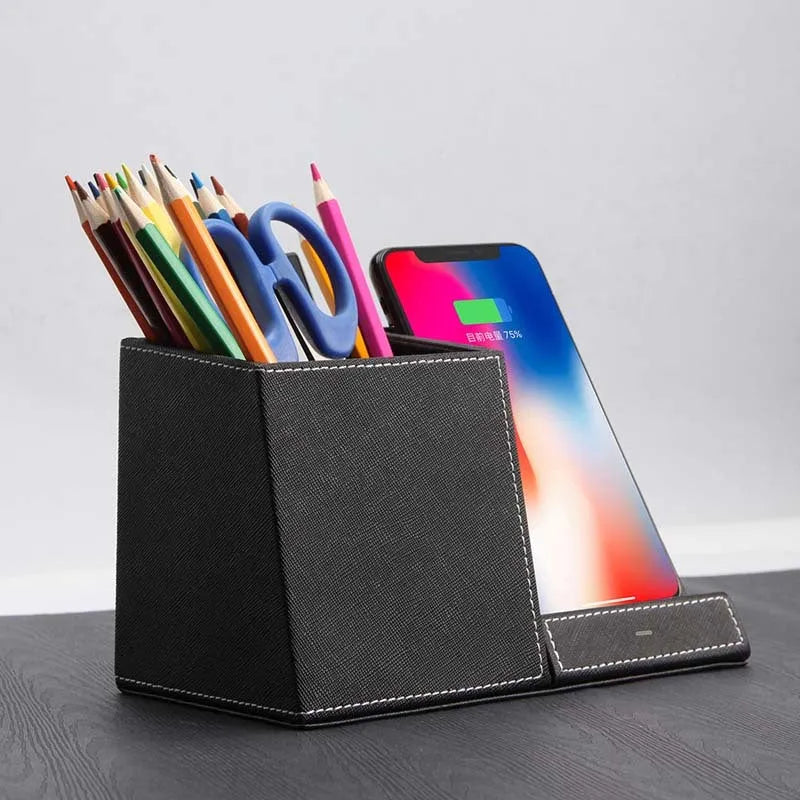 Leather wireless charging station with pen holder organiser for desk phone charging