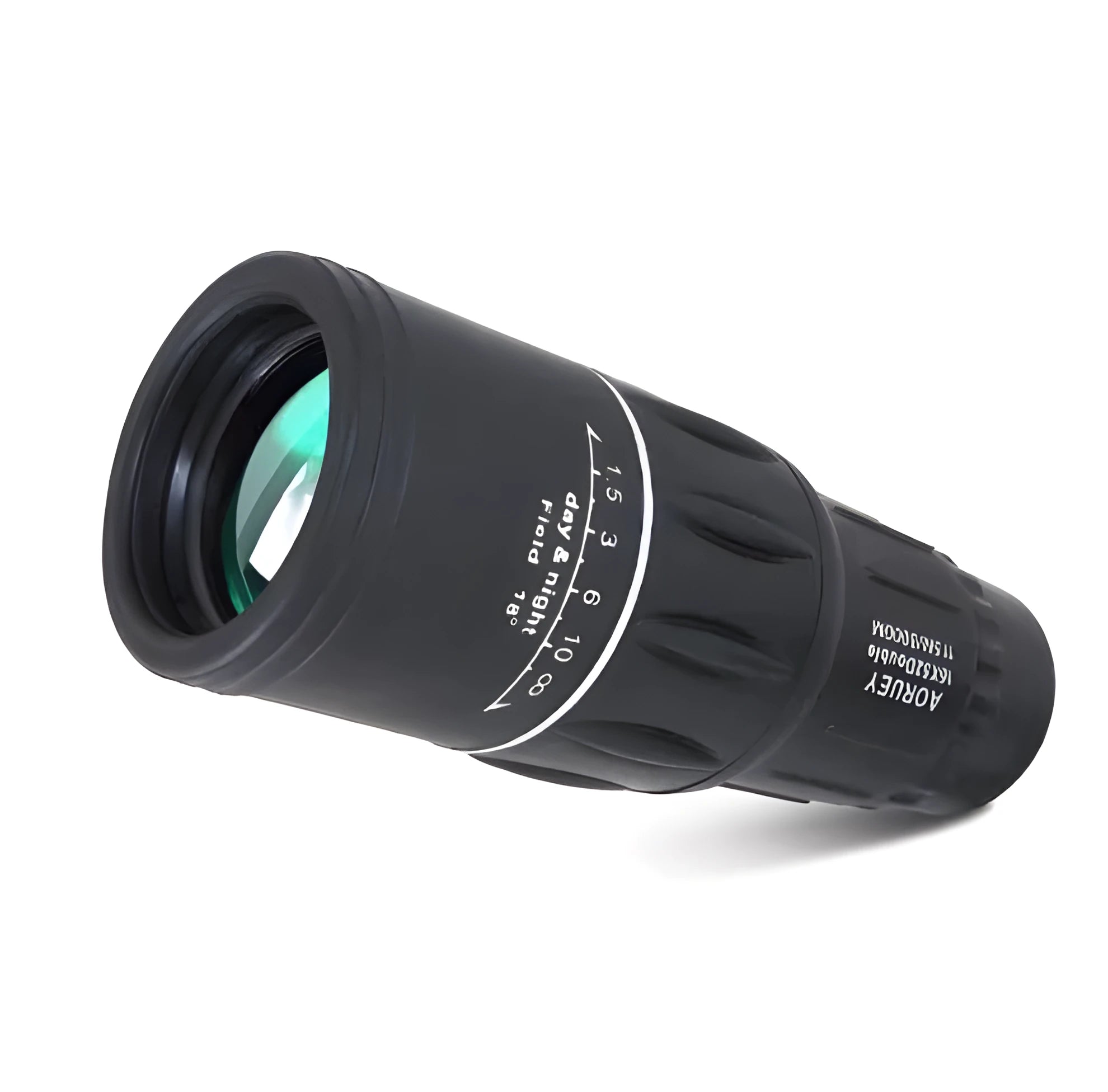 Black 16x52 high-power monocular with 52mm objective lens and green film coating