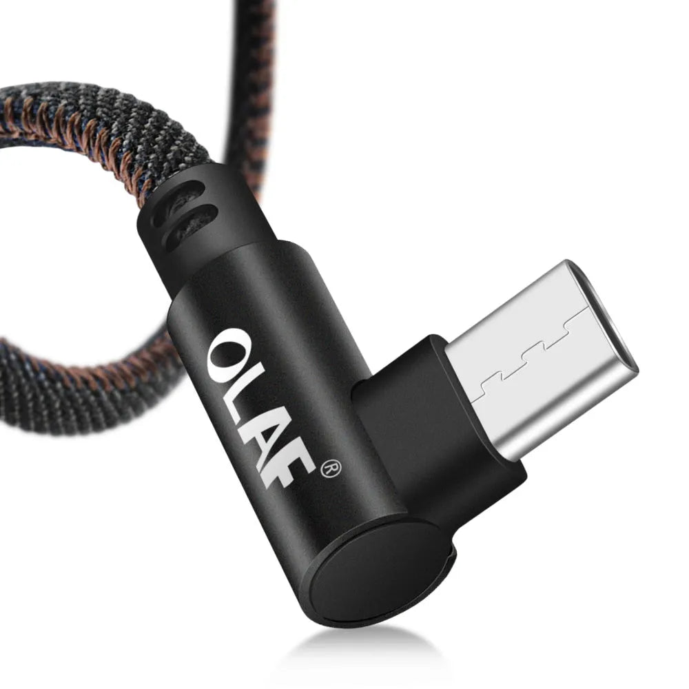 Denim fabric USB fast charging cable with aluminium connectors in black, blue, or red colours