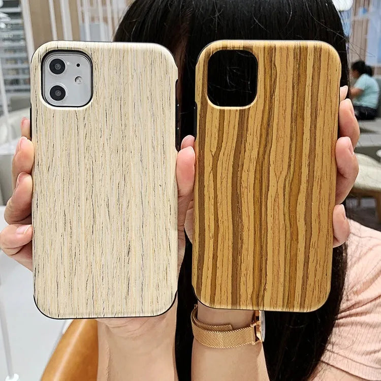 Wooden iPhone case showing rosewood, teak, black rose and walnut finish options with simple back cover design