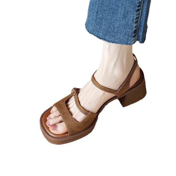 Women's retro platform sandals with open square toe design in brown colour
