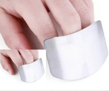 Stainless steel finger guard for kitchen safety shown in single and double finger sizes.