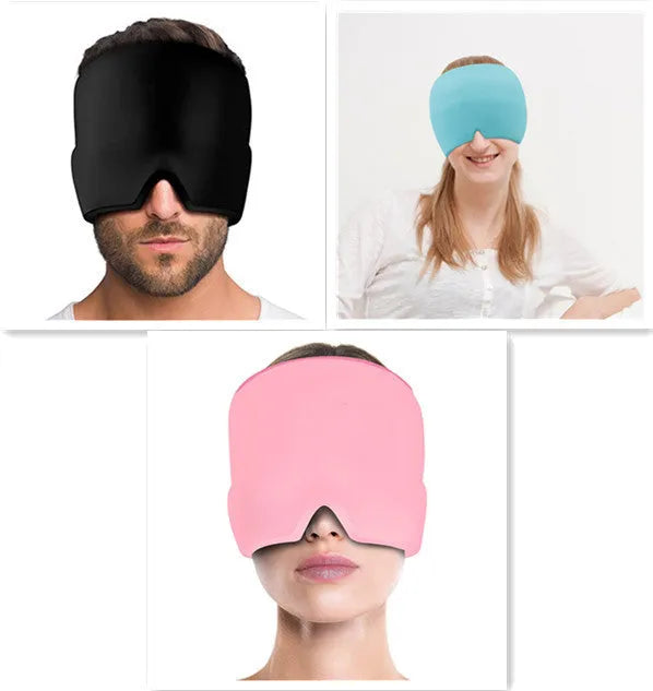 Cold therapy gel eye mask for headache relief in black colour on forehead
