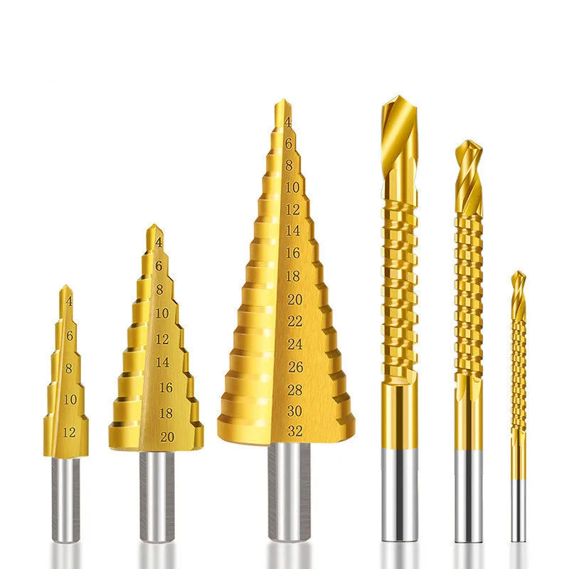 High speed steel cone drill bit punch set with centre punches including multiple step drill sizes