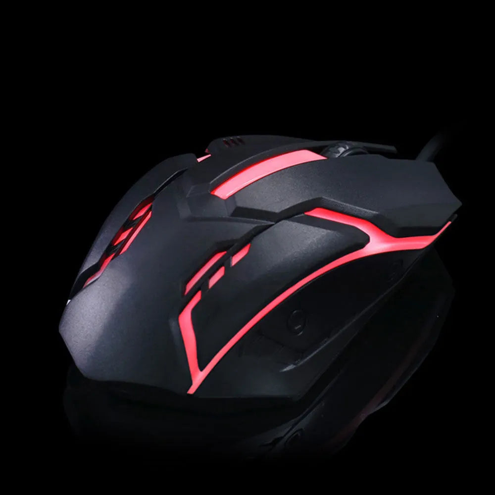 Wired USB computer mouse with colourful LED glow, black or white luminous shell, 3 buttons, and 1.3m cable.