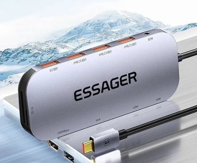 11-in-1 USB-C expansion dock with Gigabit Ethernet port and 20cm cable separator