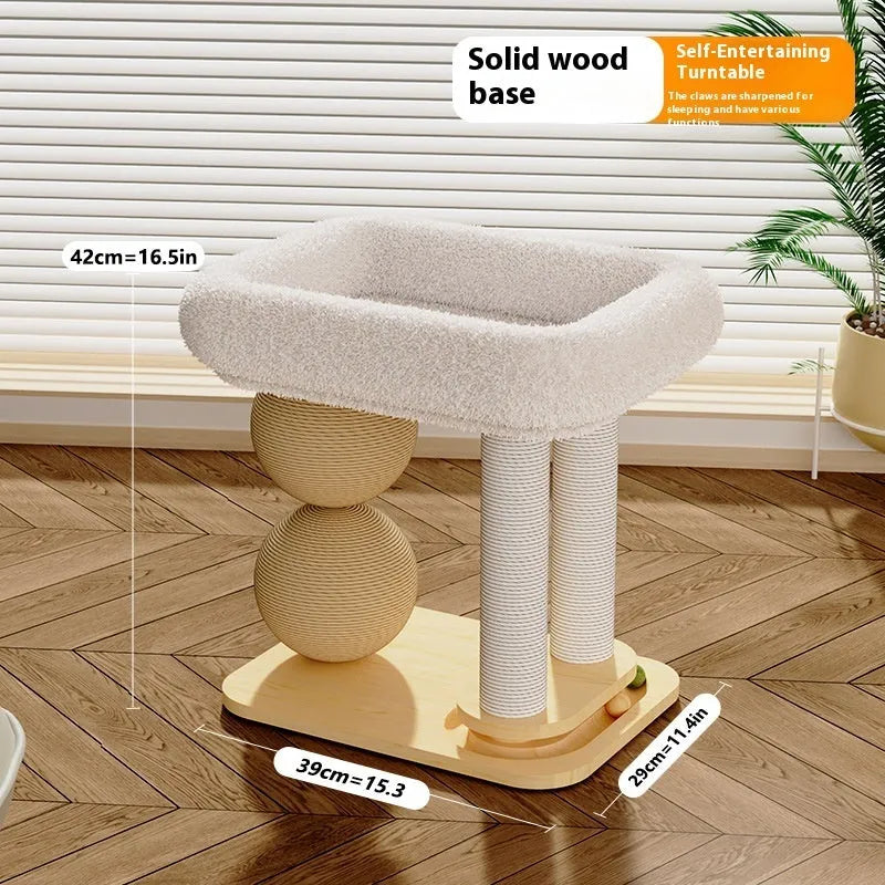 A solid pine wood cat nest with a grasping ball, shown in three style variants.